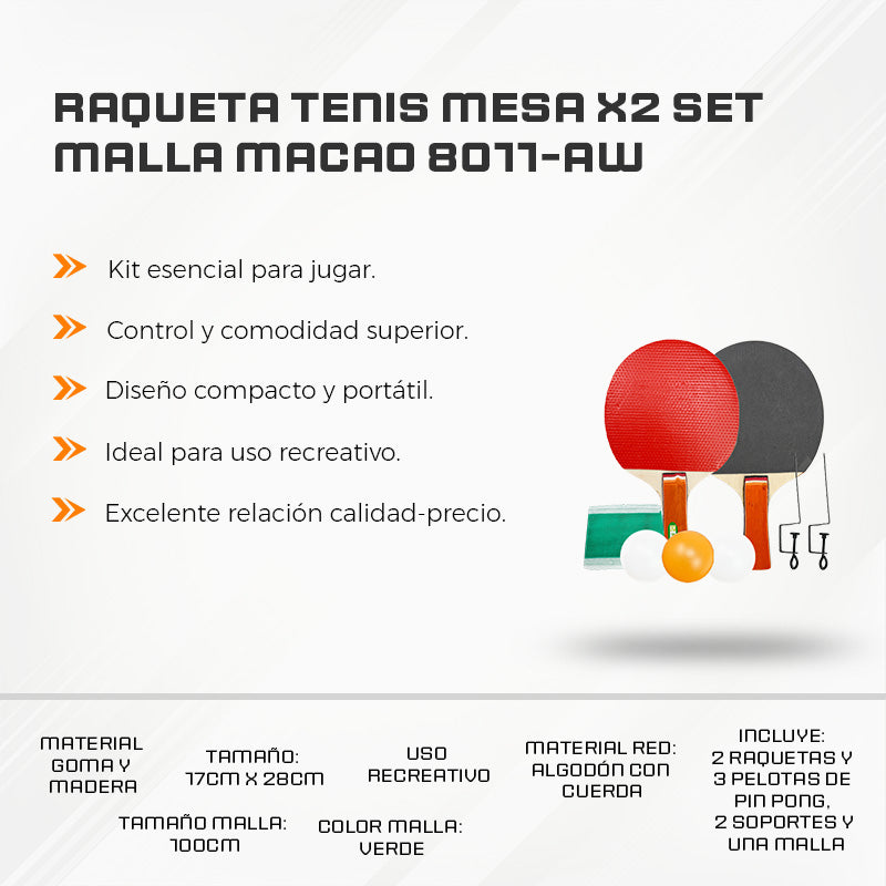 Raqueta Tenis Mesa X2 Set Malla Macao 8011-AW